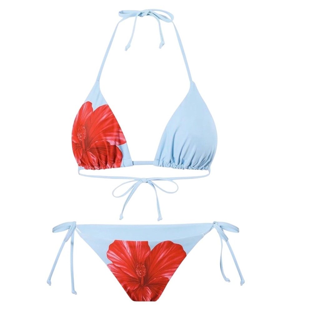 Zaful Women Light Blue Red Hibiscus Floral Triangle Side Tie‎ Bikini Set Size XL
